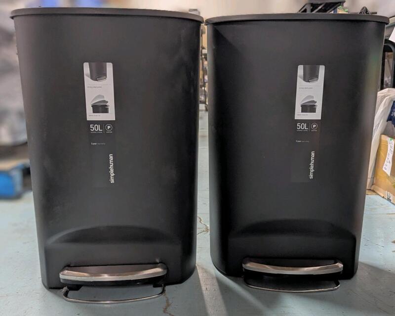 [No Lids] 2 As-New SIMPLYHUMAN Plastic D-Shaped Step Garbage Can, Black, 50-L, 25" Tall, Retails $69.99 New Each