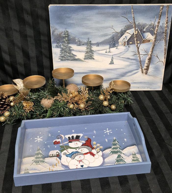 Festive Home Decor - Signed Painting on Canvas, Candle Centerpiece & Wooden Tray