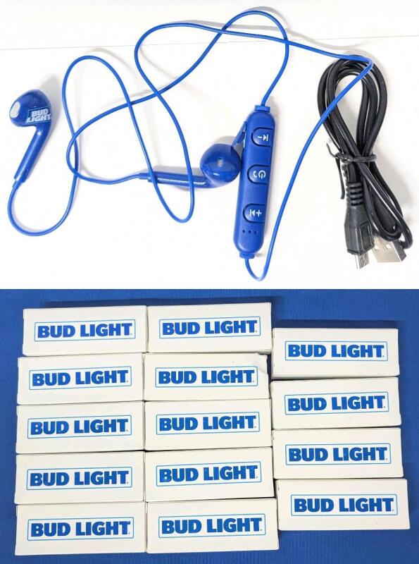 14 New Wireless Bud Light Branded Bluetooth Earbuds With Micro USB Charging Cables