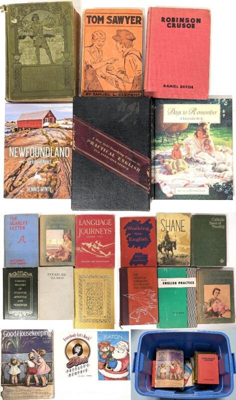 Assorted Mostly Vintage Books: Hardcover & Paperback + July 1935 Good Housekeeping Magazine, Eatons Colouring Book +, All in Blue Bin, Bin21.5" &times; 16" &times; 16" Tall