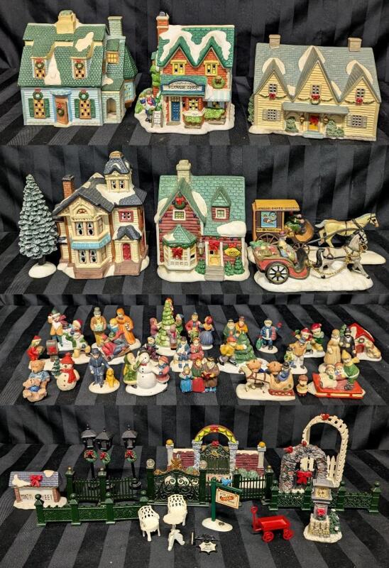 5 Vintage Porcelain Holiday Village Buildings Up To 7" Tall & Assorted Figures & Miniatures in Porcelain, Resin & Metal
