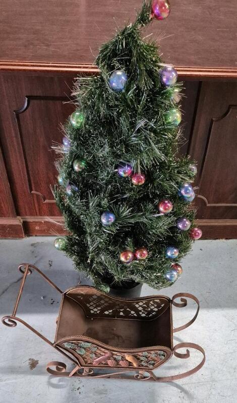 44" Tall Artificial Tree with Ornaments & Metal Decorative Sleigh