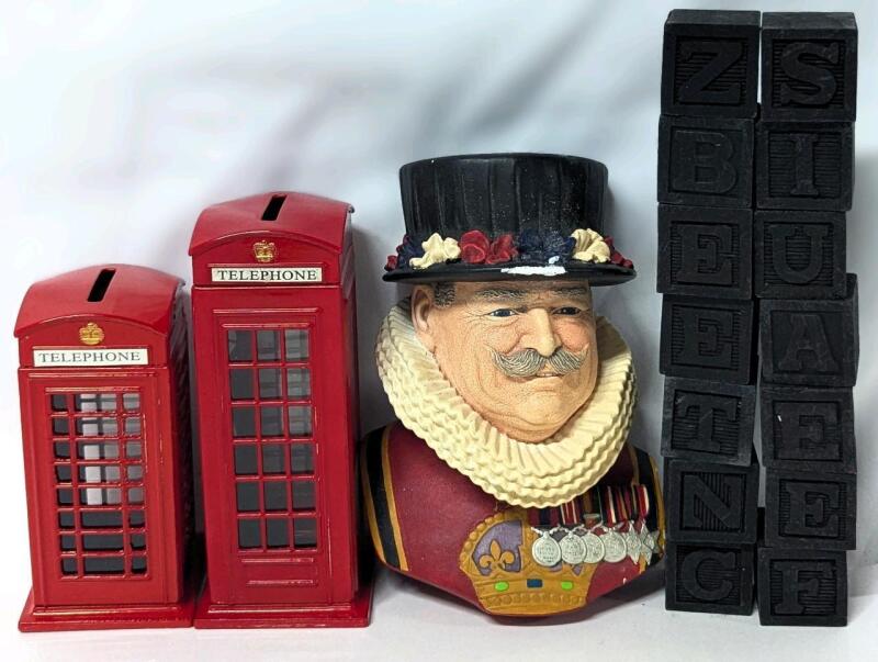 Vintage BOSSONS Beefeater Character Chalkware Wall Mask With Damaged Edges, 2&times; Metal Phone Box Coin Banks With Stoppers (4.5" - 5.5" Tall) & 14 Double-Sided Wood Alphabet Blocks 1.15"