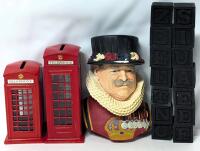 Vintage BOSSONS Beefeater Character Chalkware Wall Mask With Damaged Edges, 2&times; Metal Phone Box Coin Banks With Stoppers (4.5" - 5.5" Tall) & 14 Double-Sided Wood Alphabet Blocks 1.15"