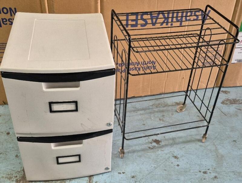 Metal Shelf on Wheels & Plastic 2 Drawer File Cabinet