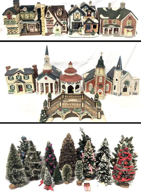 10 Vintage Porcelain Holiday Village Houses, Buildings & Churches Up to 10.5" Tall + Assorted Mini Holiday Trees. Up to 11" Tall