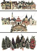 10 Vintage Porcelain Holiday Village Houses, Buildings & Churches Up to 10.5" Tall + Assorted Mini Holiday Trees. Up to 11" Tall