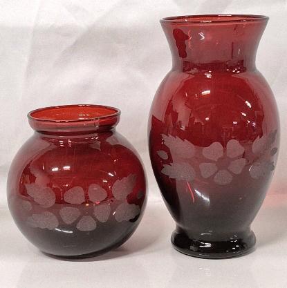 2 Vintage Ruby Red Glass Vases by Anchor Hocking with Frosted Floral Design