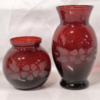 2 Vintage Ruby Red Glass Vases by Anchor Hocking with Frosted Floral Design