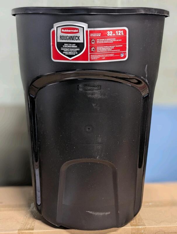 New RUBBERMAID Roughneck Plastic Circular Wheeled Garbage Can with Handle, Black - Retails $44.99 With Lid (Lid Not Included In Lot)