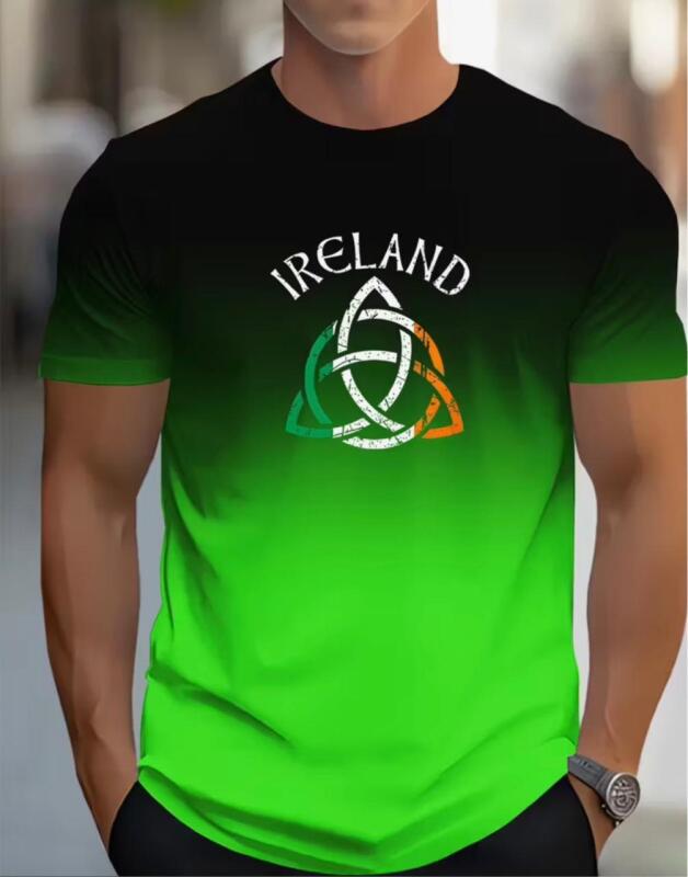 New Men's Size XL Irish-Themed 3D Celtic Knot & Ireland Flag Vibrant Print T-Shirt - Green & Black Gradient Short Sleeve, Breathable Round Neck Casual Shirt Machine Washable Stock photos added