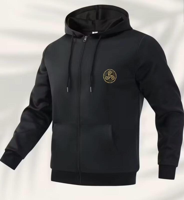 New Men&rsquo;s Size XL Trendy Celtic Knot Jacket Hooded With Golden Celtic Knot Design Casual Zip-Up Coat, Long Sleeve, Regular Fit, Polyester Lining, Front Pockets Machine Wash Stock Photos added