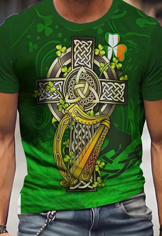 New Men's Large Celtic Harp & Cross Graphic T-Shirt - 100% Polyester Knit, Regular Fit Round Neck, Shamrock Accents & Irish Heritage Design, Machine Washable Stock Photos added
