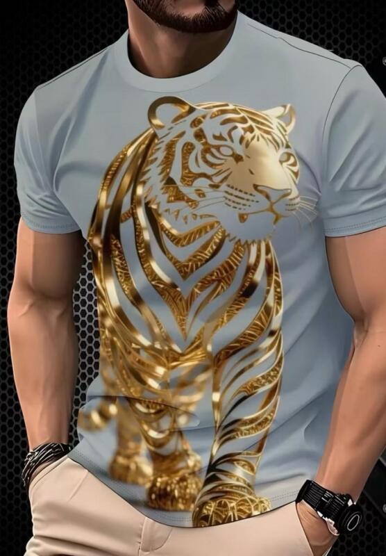 New Men's XL 3D Tiger Face Print T-Shirt - Golden & Black Animal Graphic Short Sleeve Crew Neck Top, Breathable Soft Fabric, Machine Washable Casual Bold Streetwear Machine Wash 100% Polyester Stock photo added
