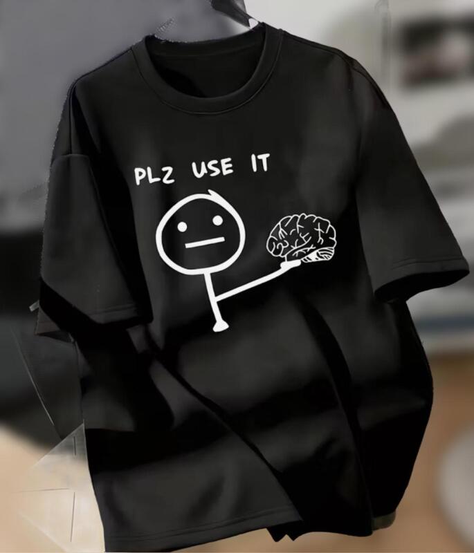 New Men's Size XL Funny Graphic T-Shirt - "PLZ USE IT" with Stick Figure & Brain Design - Crew Neck S/S