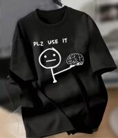 New Men's Size XL Funny Graphic T-Shirt - "PLZ USE IT" with Stick Figure & Brain Design - Crew Neck S/S