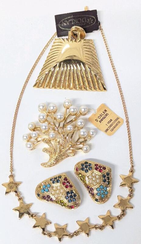 4 Pieces Signed D'ORLAN Vintage Jewelry, Clip-On Earrings, Faux Pearl Tree Brooch 1808, Chunky Pendant 8652 & 14" Long Star Necklace