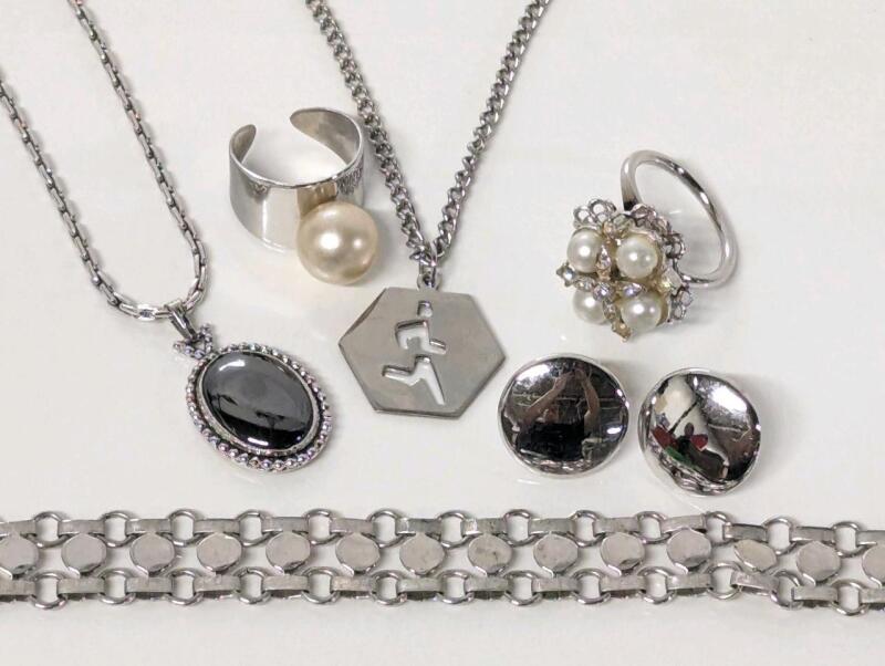 6 Pieces Signed SARAH COVENTRY Canada Vintage Jewelry, Rings Open-Back/Adjustable, Bracelet 10", Earrings Clip-Ons, Necklaces 20" - 22" Long