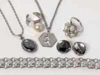 6 Pieces Signed SARAH COVENTRY Canada Vintage Jewelry, Rings Open-Back/Adjustable, Bracelet 10", Earrings Clip-Ons, Necklaces 20" - 22" Long