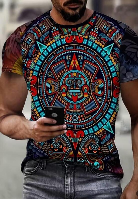 New Men's XXL 3D Printed Aztec Tribal Pattern T-Shirt - Vibrant Colorful Casual Short Sleeve Round Neck Top, Machine Washable Regular Fit Streetwear Style Bold Print, Breathable Fabric Trendy Clothing Machine Wash Polyester stock photos added