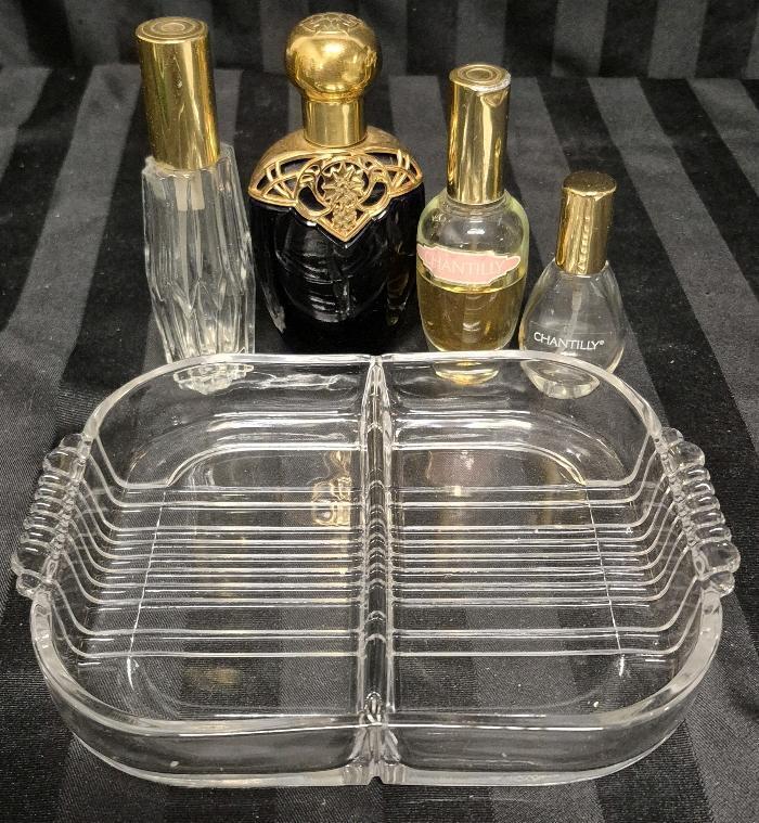 Vintage Women's Dresser Top Lot - Perfume Bottles with Glass Dish