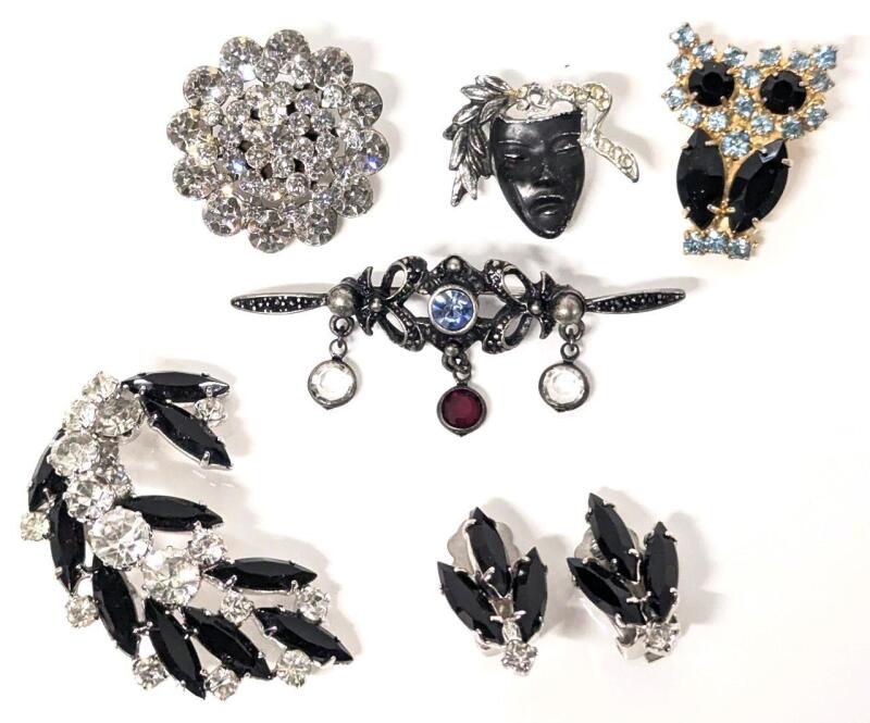 4 Vintage Brooches + Brooch & Matching Clip-On Earrings, Up to 2" Long