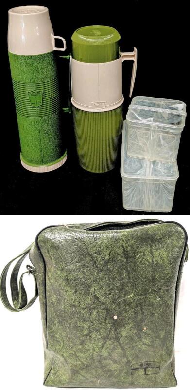 2 Vintage THERMOS Brand Thermoses (12" - 13.5"), 2&times; RUZAK Re-Fresher Boxes With Lids in Thermos Lunch Bag, Bag 12" &times; 5" &times; 14" Tall