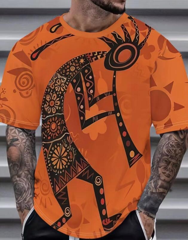 New Men's Size XL Vibrant Orange Abstract Print Short Sleeve T-Shirt - Geometric Tribal Design Machine Wash Polyester Stock photo added