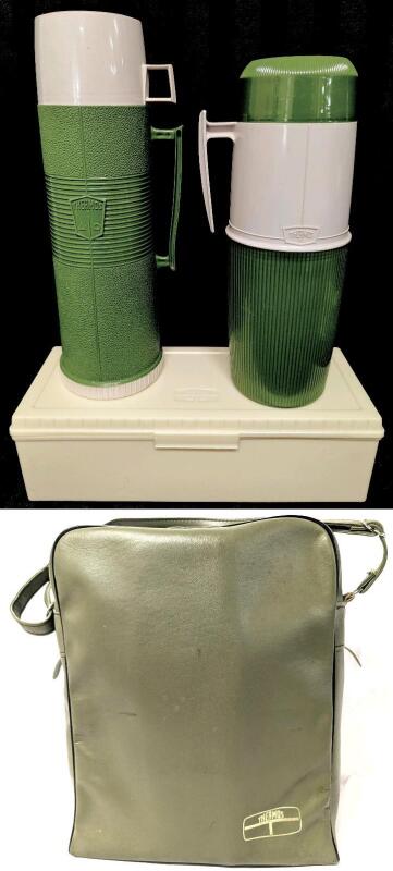 2 Vintage THERMOS Brand Thermoses (12" - 13"), Rectangular Container in Avocado Green Thermos Lunch Bag, Bag 4.75" &times; 11.25" &times; 14.5" Tall