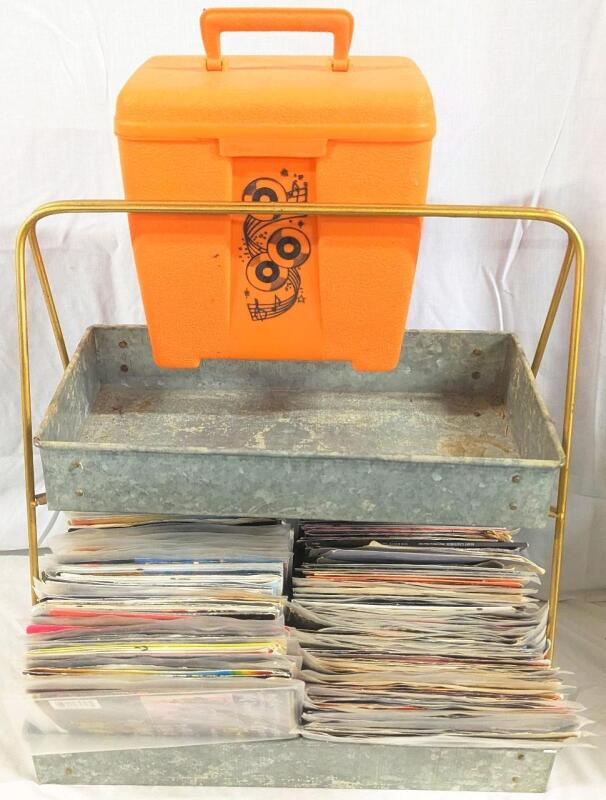 Assorted Vintage 48 Records (Mostly Contemporary) With 2-Tier Stand & Orange Record Box w/ Sleeveless Records : Incl Soundtracks, The Beatles, Carpenters, Ringo Starr, Cher, Neil Diamond, Bee Gees..etc