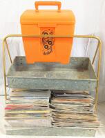 Assorted Vintage 48 Records (Mostly Contemporary) With 2-Tier Stand & Orange Record Box w/ Sleeveless Records : Incl Soundtracks, The Beatles, Carpenters, Ringo Starr, Cher, Neil Diamond, Bee Gees..etc