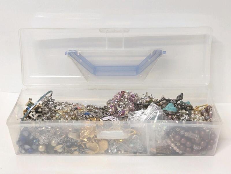 Assorted Jewelry for Crafting & Repair in Lidded Bin, 3.5" &times; 11.5" &times; 3.5" Tall