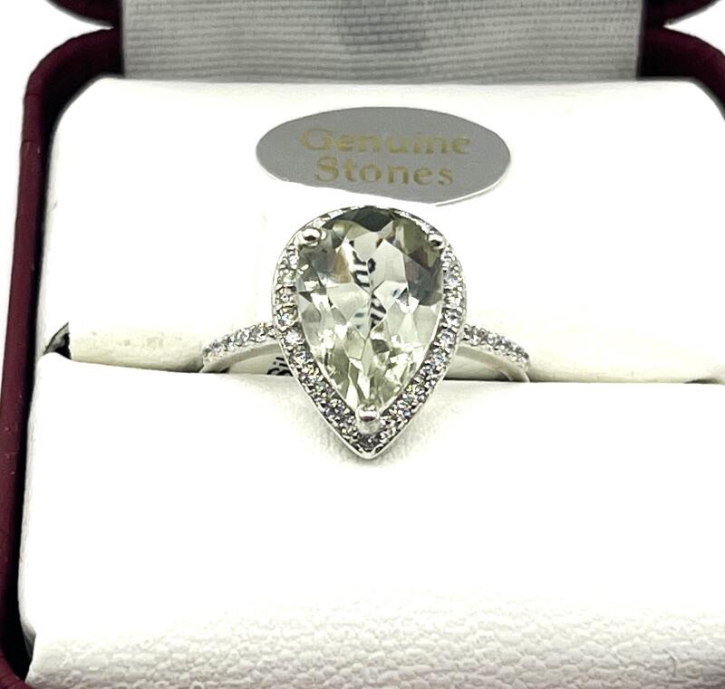 Sterling Silver Natural Greened Amethyst (4ct0 with CZ (0.20ct) Pear Shape Ring, Size 6, W/A $470.00. Amethyst is the birthstone for February.