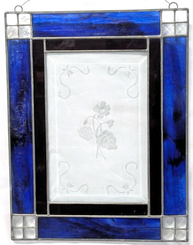 Gorgeous Vintage Stained Glass, Slag Glass & Etched Glass Hanging Window Panel, 10.75" &times; 13.75"