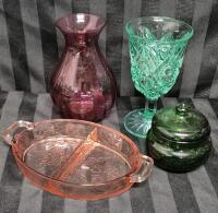 Vintage Coloured Glass Dishes - Cranberry Glass Vase, Pink Depression Glass +