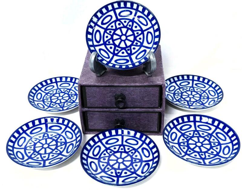 Set of 6 DANSK Japan Arabesque 4.5" Dishes in 2-Drawer Keeper 3.75" Tall