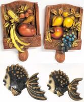 Vintage 1968 Miller Studio Chalkware Wall Art 8.5" & 2 Plaster Fish Wall Art 5" - 8" Long, Chips & Flaking Present