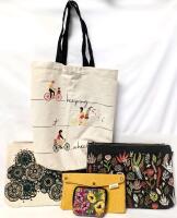 As-New Indigo "Keeping It Wheel" Tote Bag, 2&times; Large Danica Studios Zippered Pouches (13.75" &times; 10"), Aveda Zippered Pouch (9.75" &times; 5.5") & Embroidered Floral Zippered Cloth Purse