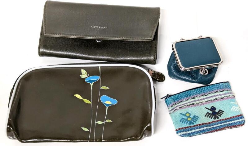 MATT & NAT Recycled Vegan Leather Purse 7.5" &times; 4". ESPE Makeup Bag, Danier Leather Coin Pouch & Zippered Embroidered Nazca Lines Coin Purse
