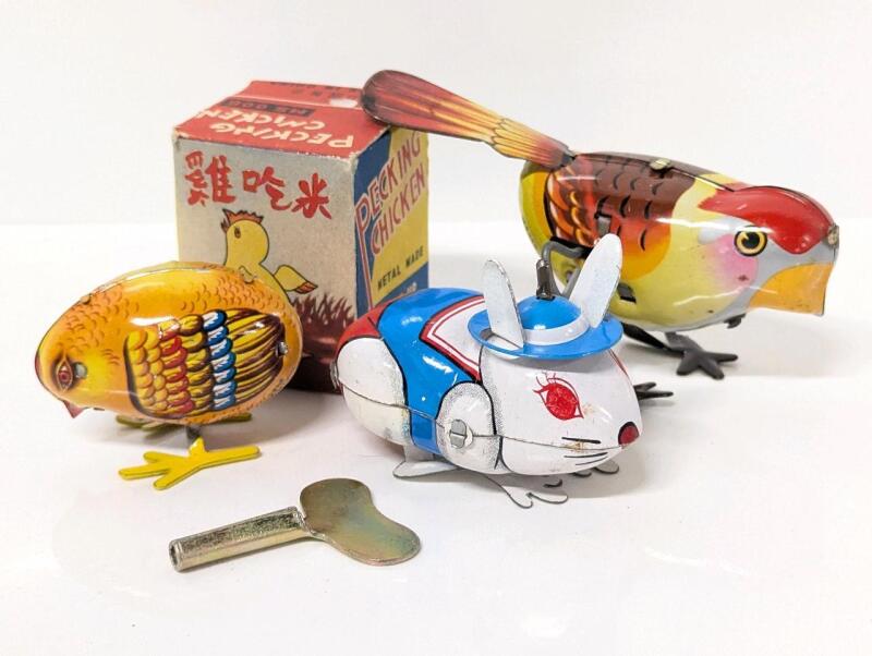 3 Vintage Wind-Up Tin Toys + 1 Key: 1.5" Pecking Chicken With Box, Japanese Dapper Hopping Rabbit & Sparrow, All But Sparrow In Working Condition