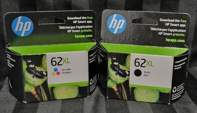 2 New HP Printer Ink Cartridges 62XL Tri-Color & Black - See photos for Printer Compatibility