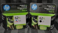 2 New HP Printer Ink Cartridges 62XL Tri-Color & Black - See photos for Printer Compatibility