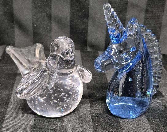 2 Glass Figures Bird & Unicorn Head