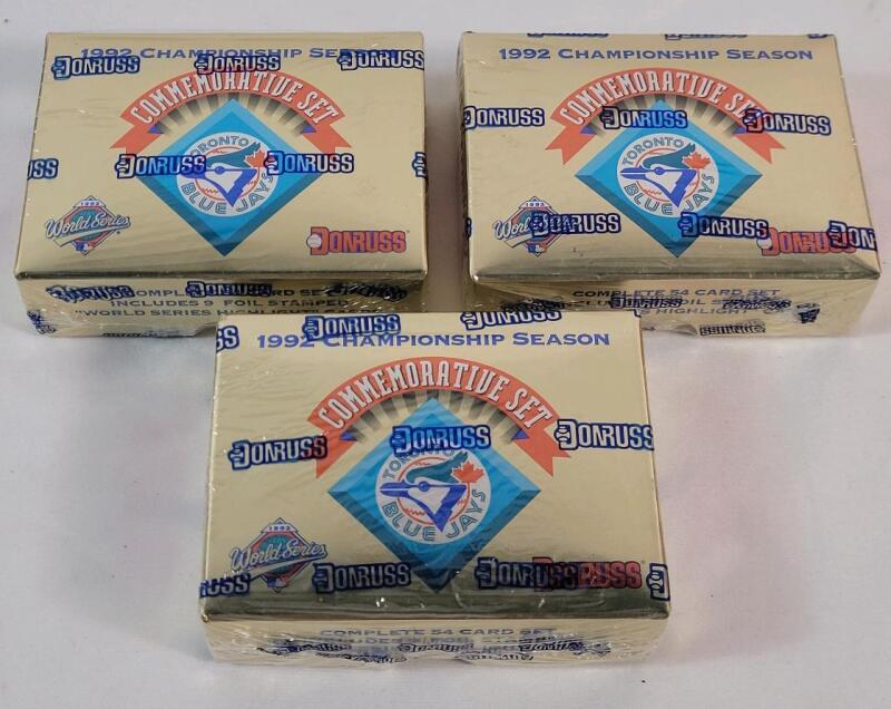 Three (3) 1992 Donruss Baseball Toronto Blue Jays Championship Season Commemorative Factory Set. This Factory Sealed set contains (54) cards. Sealed