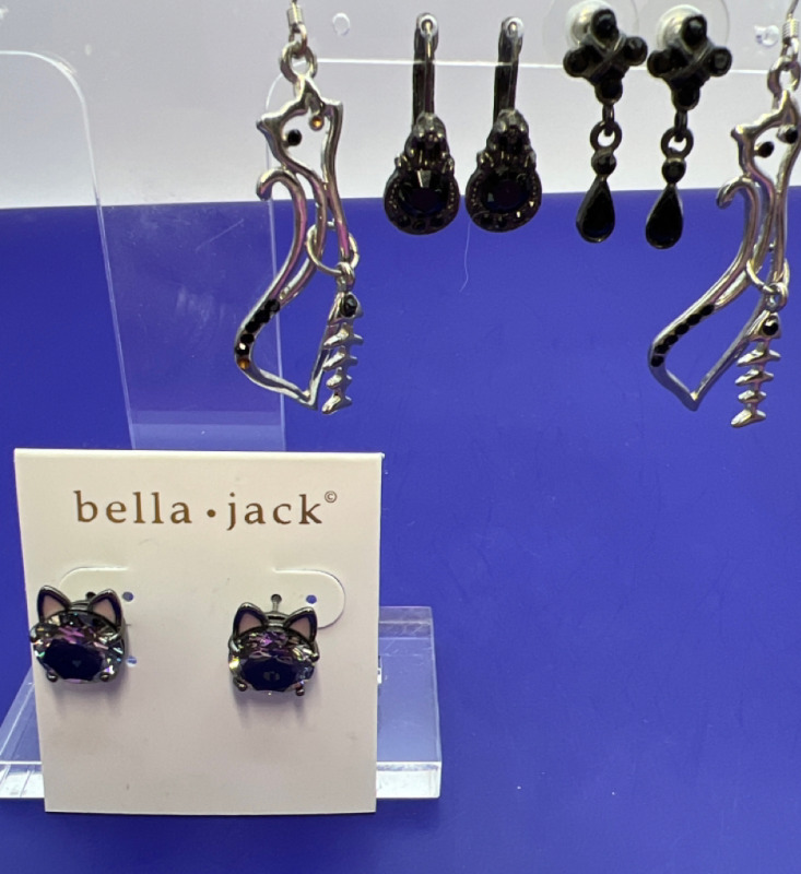 Two Cat Earrings and Two black crystal Earrings