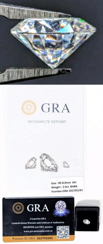 NEW 2.0ct Moissanite Lab Diamond, Round Brilliant Cut - GH - VVS1, GRA Report, Tests Positive with a Diamond Tester (More Brilliant Than a Diamond)