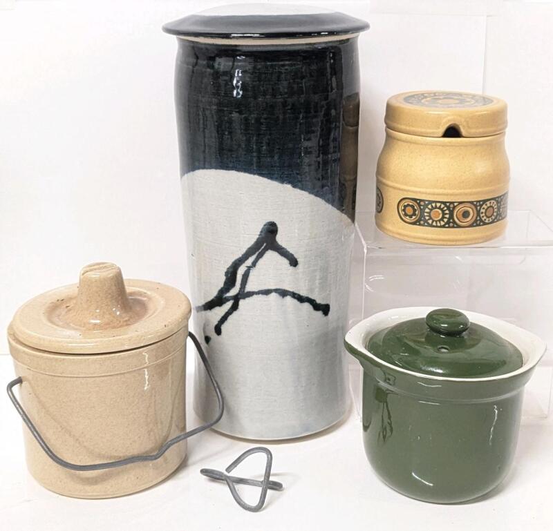 4 Vintage Pottery, Ceramic & Stoneware Lifded Jars & Containers: 5.25" Crock 06298 With Lid Bail in Pieces, 4.4" HALL Marmite Jar, 3.5" Kiln Craft Bacchus Staffordshire Ironstone Jam Jar, No Chips or Cracks