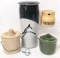 4 Vintage Pottery, Ceramic & Stoneware Lifded Jars & Containers: 5.25" Crock 06298 With Lid Bail in Pieces, 4.4" HALL Marmite Jar, 3.5" Kiln Craft Bacchus Staffordshire Ironstone Jam Jar, No Chips or Cracks