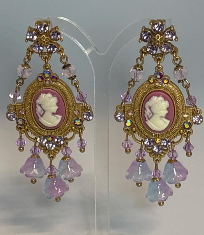 Vintage Inspired French Elegance Floral Cameo Earrings Court Style with Purple Tassels, 22K Gold Plated, 925 Sterling Silver Posts Approximately 2.5&rsquo;&rsquo; drop