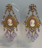 Vintage Inspired French Elegance Floral Cameo Earrings Court Style with Purple Tassels, 22K Gold Plated, 925 Sterling Silver Posts Approximately 2.5&rsquo;&rsquo; drop